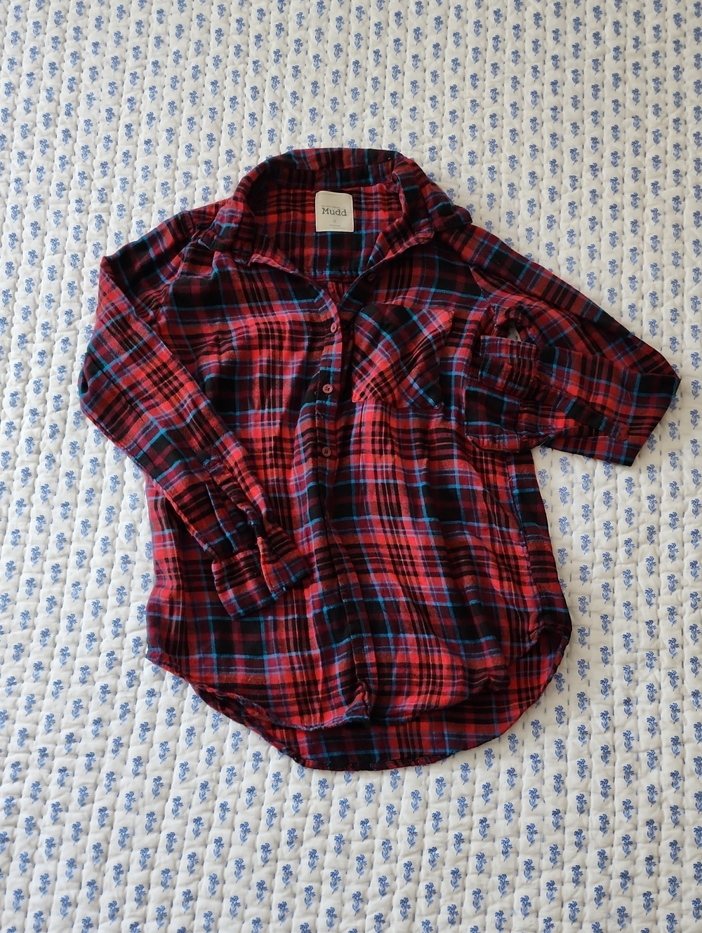 Mudd Womens Red Black Blue Button-Up Long Sleeve Cozy Soft Flannel Blouse Medium